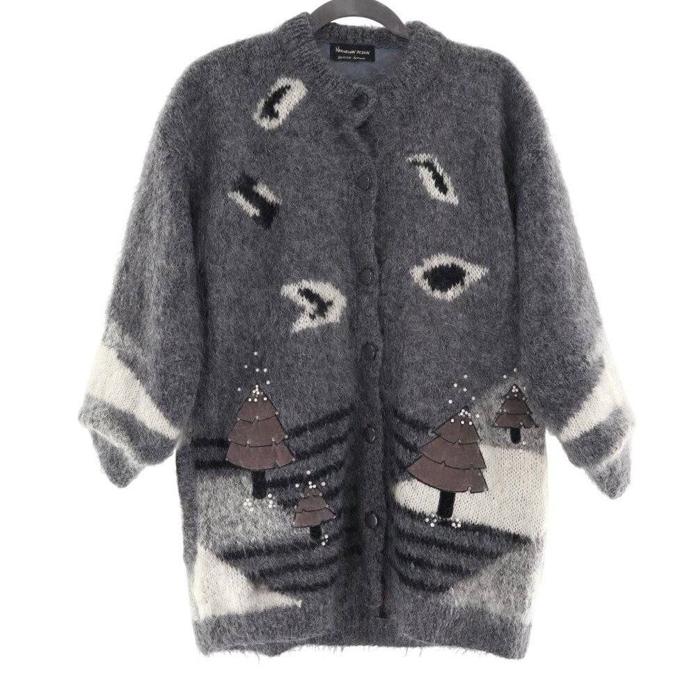 Norwegian Design‎ Wool Mohair Cardigan Women's M Gray Unique Art To Wear Winter